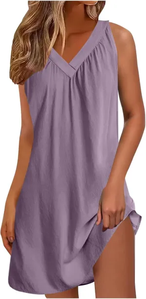 hlysgo Womens Dress 2025 Summer Casual Loose Fit Sleeveless V Neck Pajamas Dresses Solid Comfy Beach Vacation Mini Sundress
