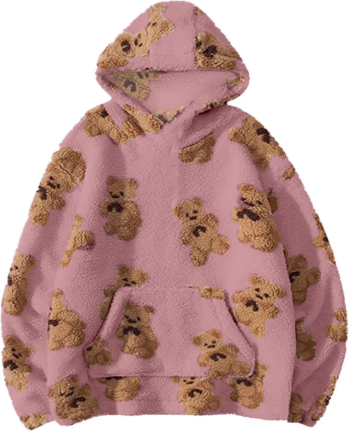 Hoodies For Teen Girls Oversized Sherpa Hoodie Women Fuzzy Fleece Hooded Sweatshirt Cute Teddy Bear Print Pullover Tops