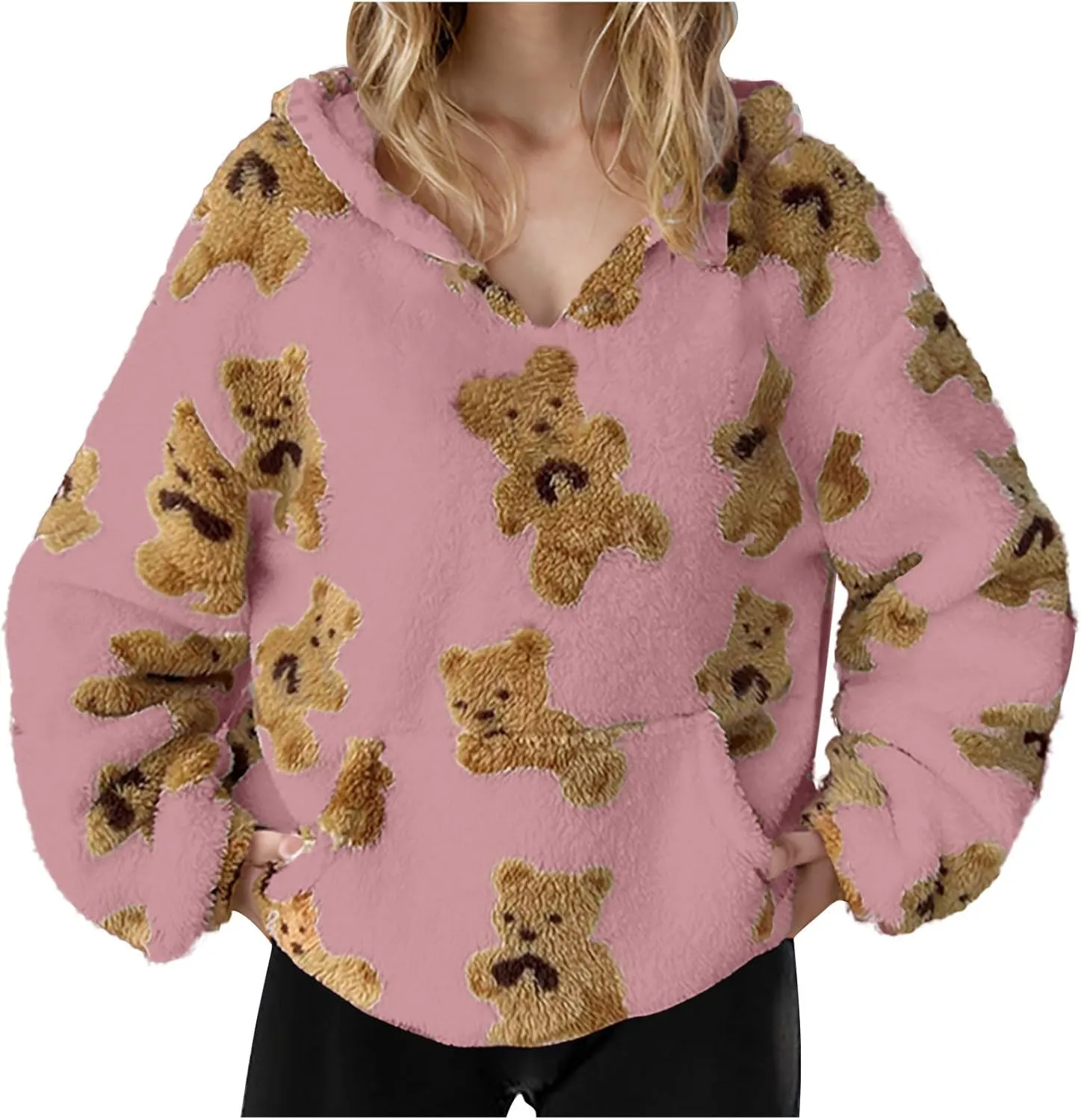 Hoodies For Teen Girls Oversized Sherpa Hoodie Women Fuzzy Fleece Hooded Sweatshirt Cute Teddy Bear Print Pullover Tops