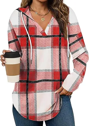 Hoodies for Women Long Sleeve Plaid Shirt Oversized Flannel Sweatshirt Dressy Casual Shirts Loose Fit Pullover Hoodie