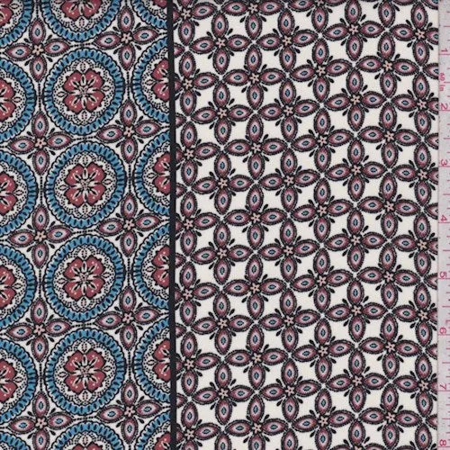 Ivory/Rust/Blue Medallion Crepe Fabric