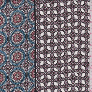 Ivory/Rust/Blue Medallion Crepe Fabric