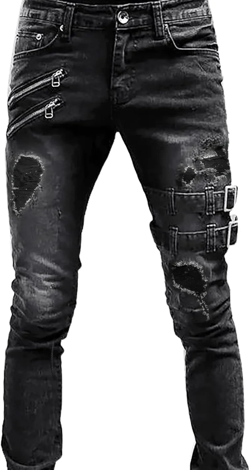 Jeans for Men Skinny Skinny Moto Washed Retro Vintage Denim Jeans Loose Fit Jeans for Men Men Sweatpants with Pockets