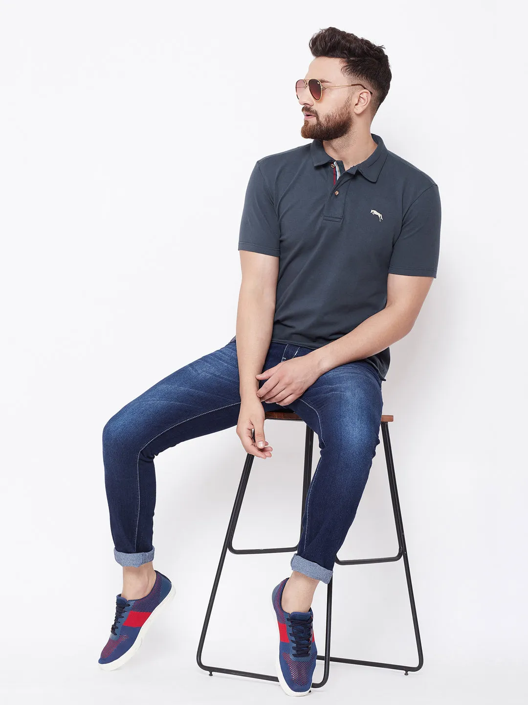 JUMP USA Men Navy Blue Solid Casual Polo T-shirt
