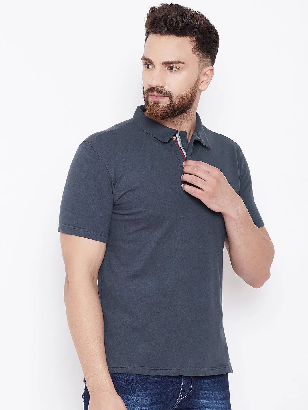 JUMP USA Men Navy Blue Solid Casual Polo T-shirt