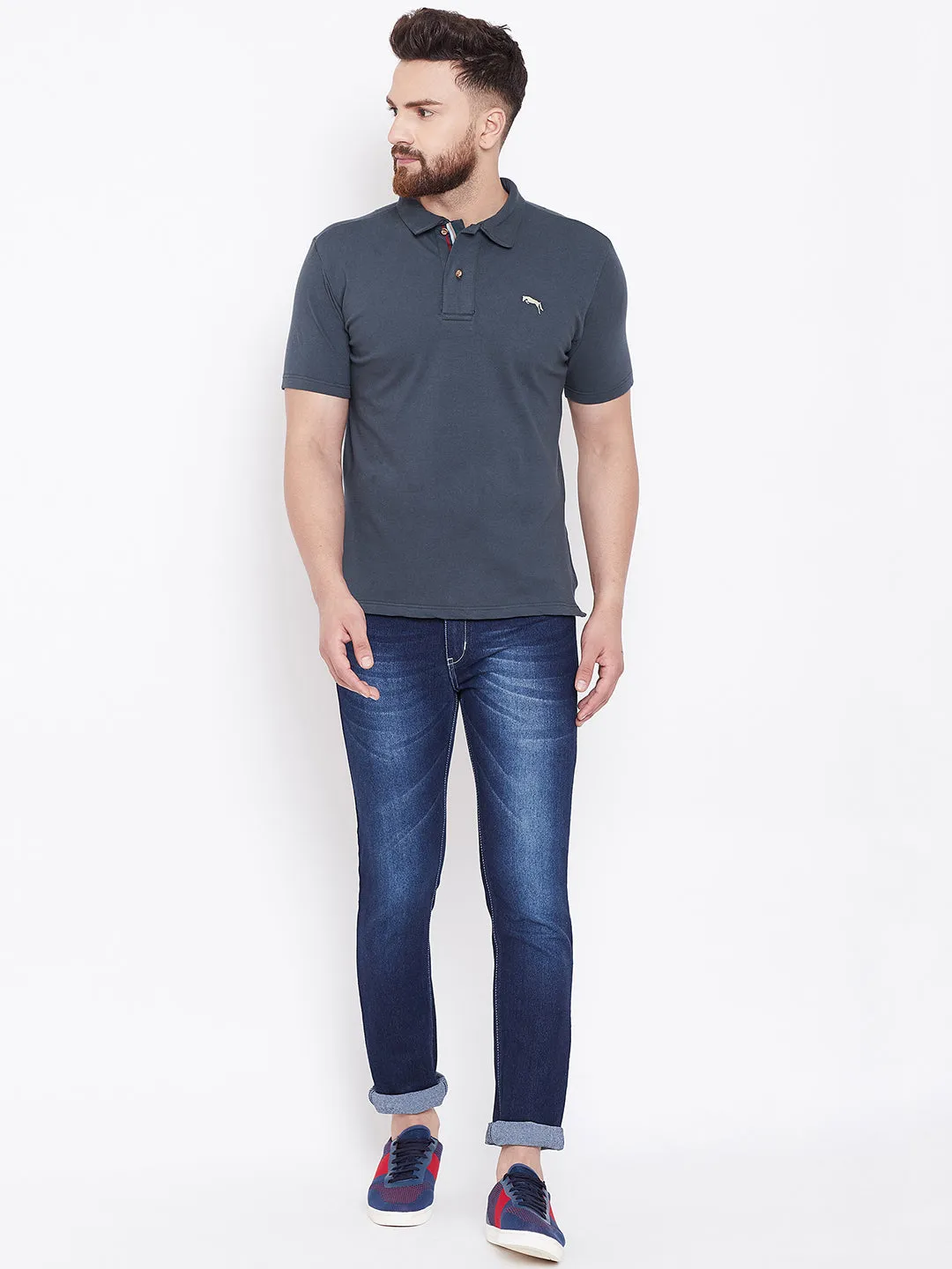 JUMP USA Men Navy Blue Solid Casual Polo T-shirt