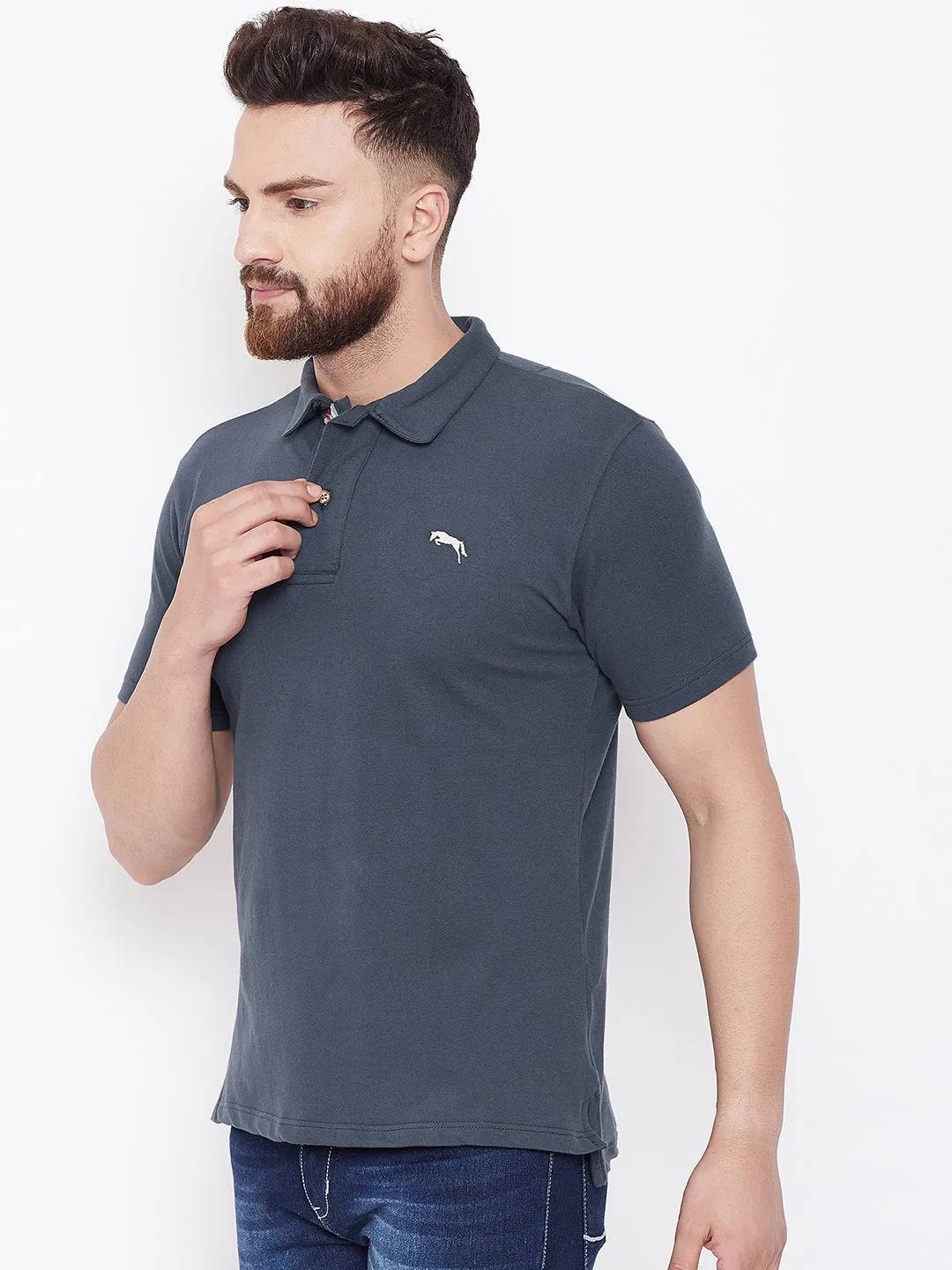 JUMP USA Men Navy Blue Solid Casual Polo T-shirt