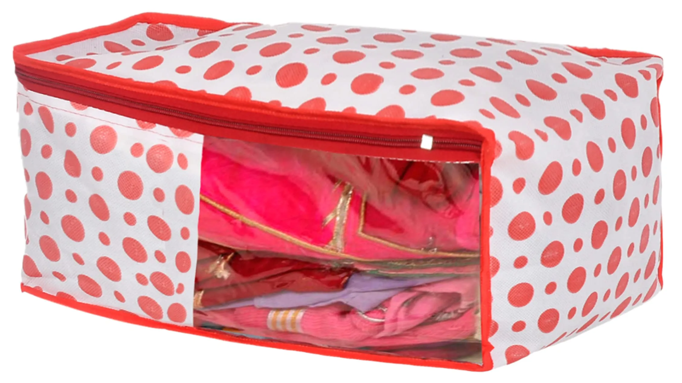 Kuber Industries Dot Printed Foldable, Lightweight Non-Woven Blouse & Saree Cover/Organizer Set With Tranasparent Window- Pack of 2 (Pink)-46KM0471