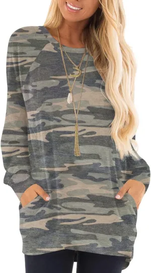 KUOTAI Womens Fall Long Sleeve T-Shirts Casual Tunic Tops for Leggings Loose Soft Blouses with Pocket