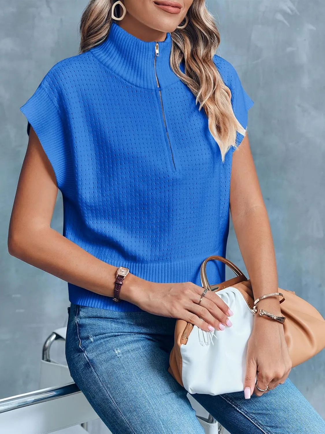 Langwyqu Womens Short Sleeve Cropped Knit Tops Half Zip Cap Sleeve Lightweight Oversized Sweater Vest