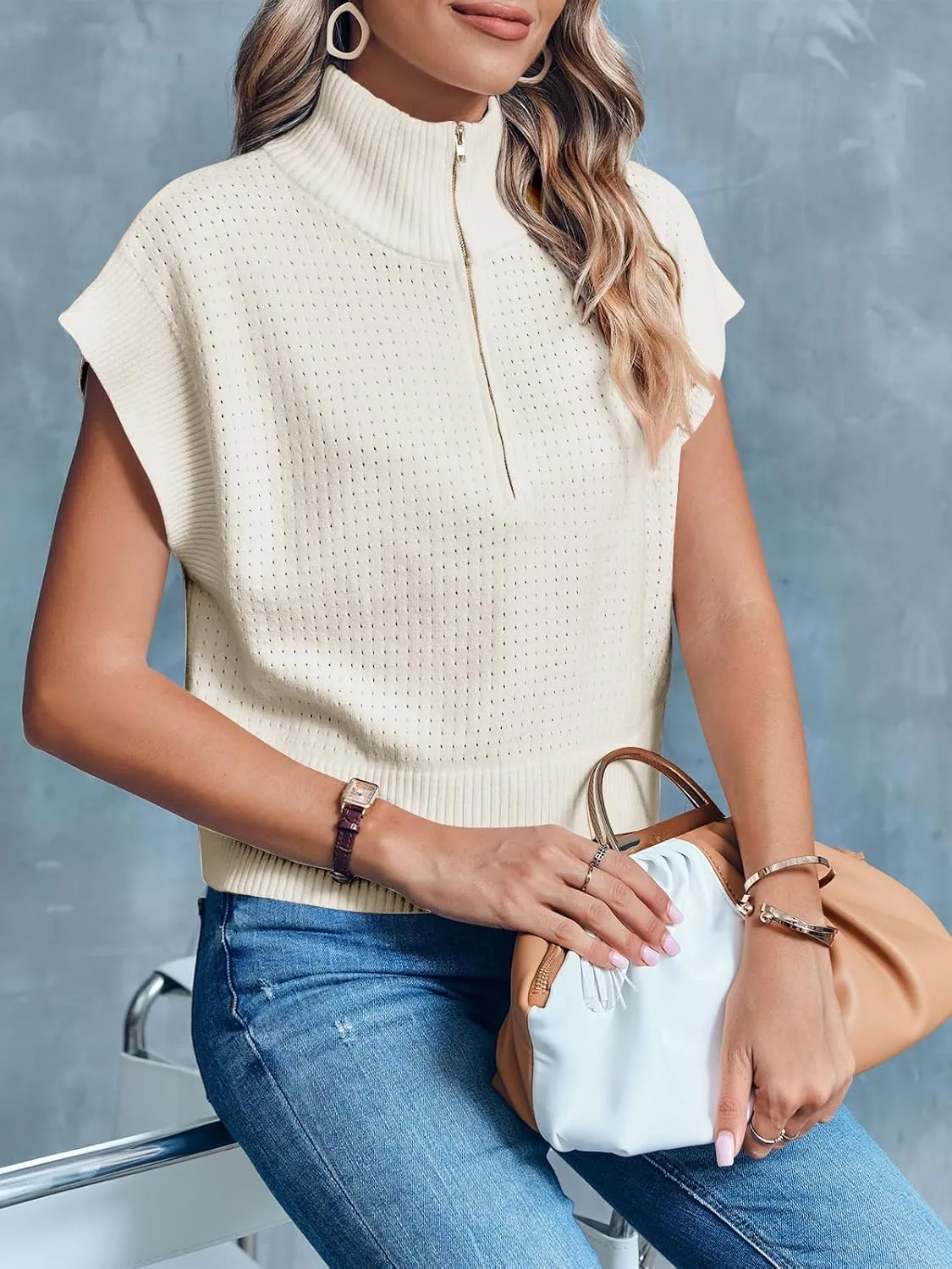 Langwyqu Womens Short Sleeve Cropped Knit Tops Half Zip Cap Sleeve Lightweight Oversized Sweater Vest