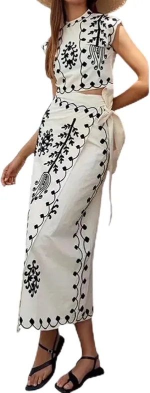 LAPRBY Linen Set Embroidery Two Piece Sets for Women Summer Boho Maxi Skirt Set 2 Piece Sets for Women Going Out (White,Medium)