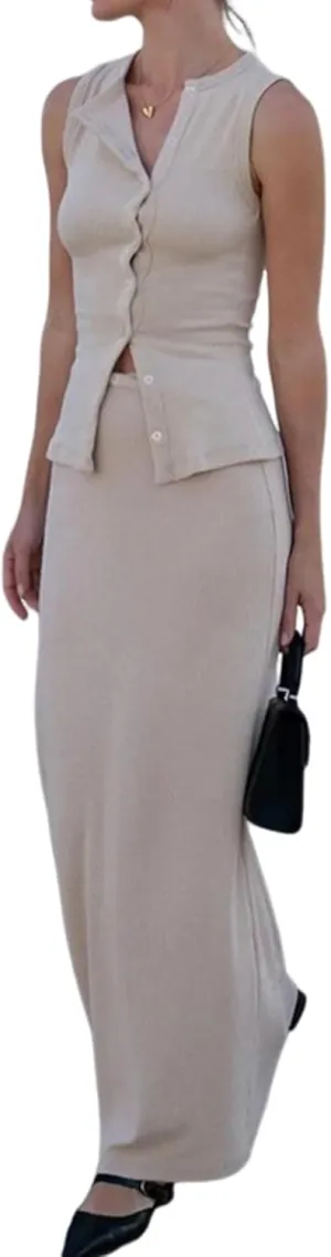 LAPRBY Sleeveless Y2k Sweater Tank Tops Maxi Skirt Set Old Money Knit Matching Sets Vest Sets Women 2 Piece Outfits