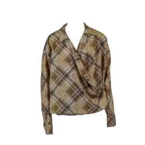 Lauren Ralph Lauren Women's Petite Plaid Crepe Wrap Shirt Tan Petite Large