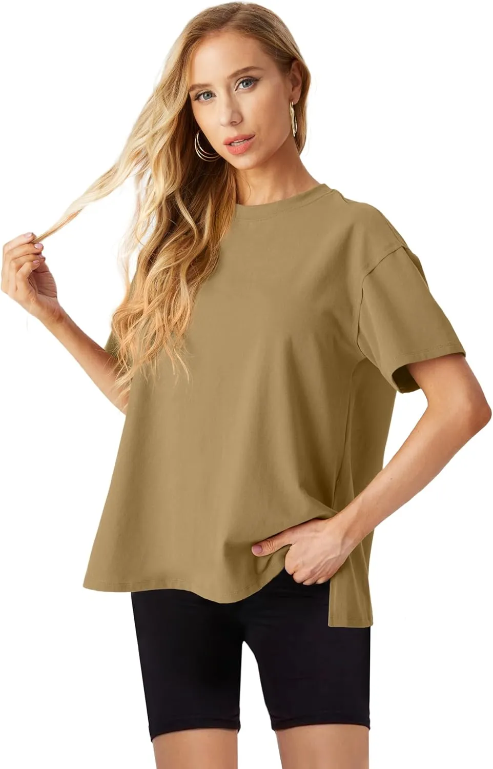 Lepunuo Oversized T Shirts for Women Summer Tops 2024 Trendy Cotton Casual Loose Fit Short Sleeve Side Slit Tee Shirts