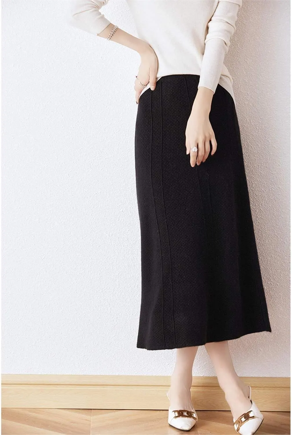 Long Skirt Women's Fall Winter 100% Merino Wool Knitted Skirt Ribbed Elastic Waist Warm Sweater Skirt