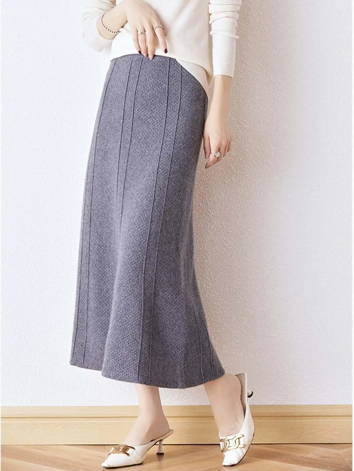 Long Skirt Women's Fall Winter 100% Merino Wool Knitted Skirt Ribbed Elastic Waist Warm Sweater Skirt