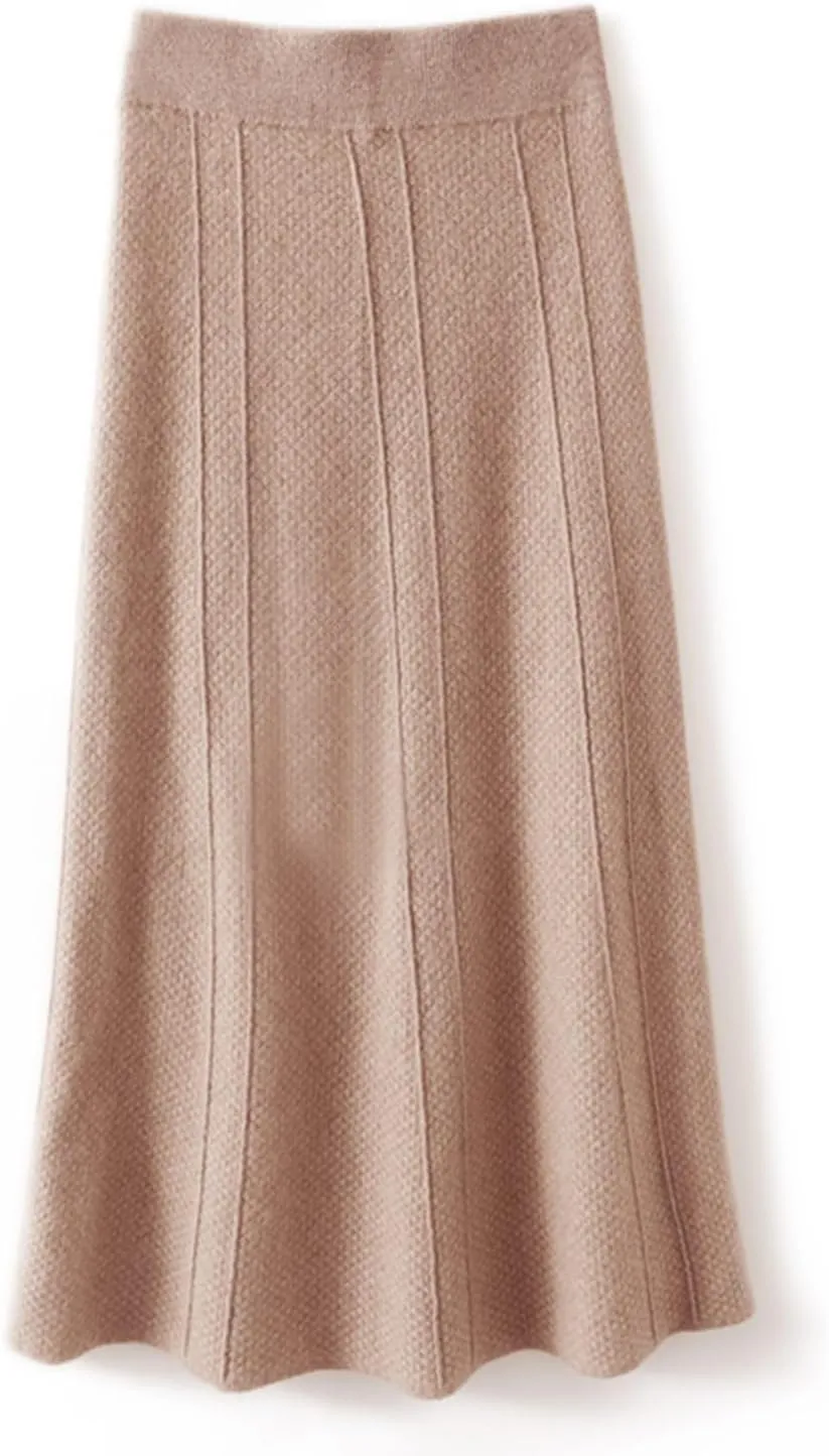 Long Skirt Women's Fall Winter 100% Merino Wool Knitted Skirt Ribbed Elastic Waist Warm Sweater Skirt
