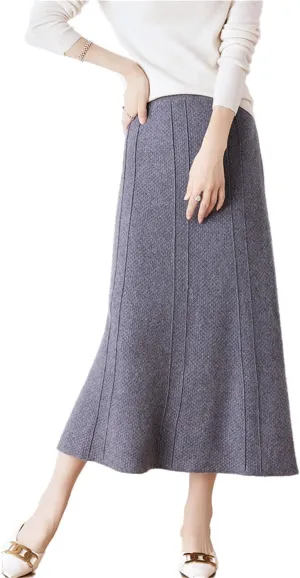 Long Skirt Women's Fall Winter 100% Merino Wool Knitted Skirt Ribbed Elastic Waist Warm Sweater Skirt