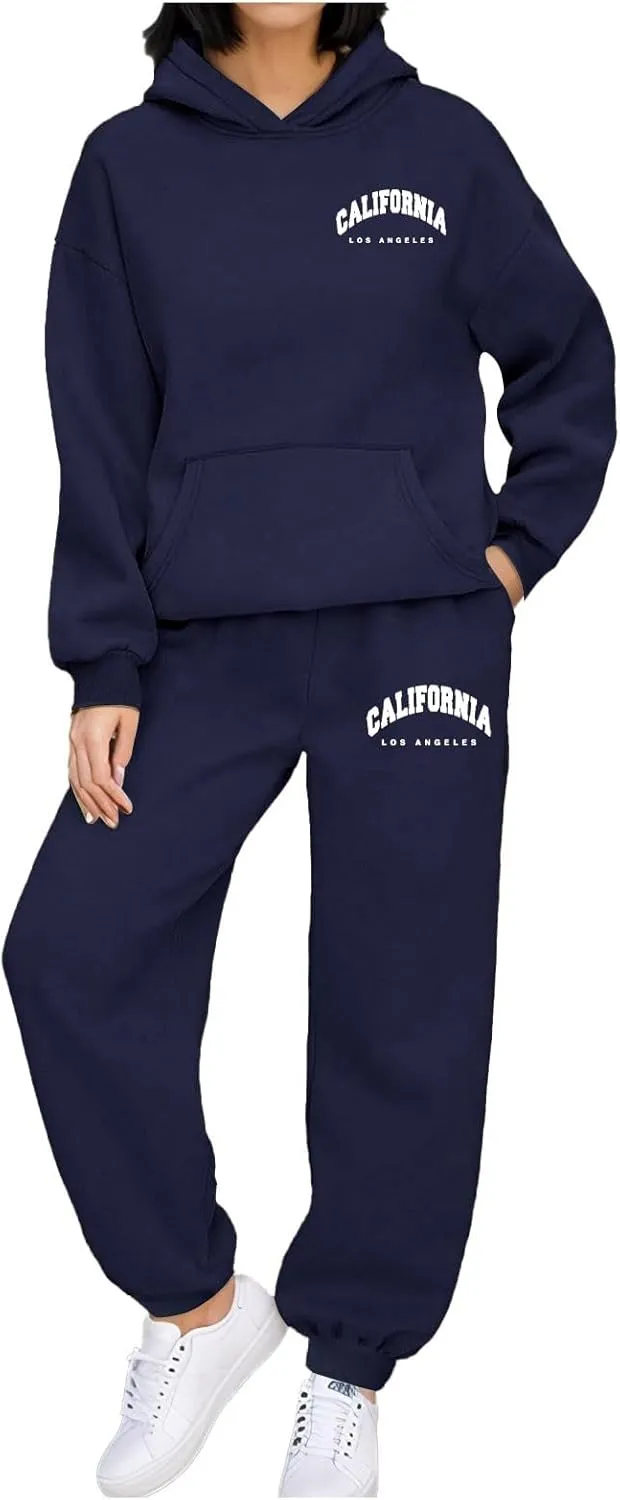 Los Angeles Print Sweatsuit Set for Women Simple Oversize Hoodies Sweatshirt & Jogger Sweatpants Cozy 2 Piece Outfits