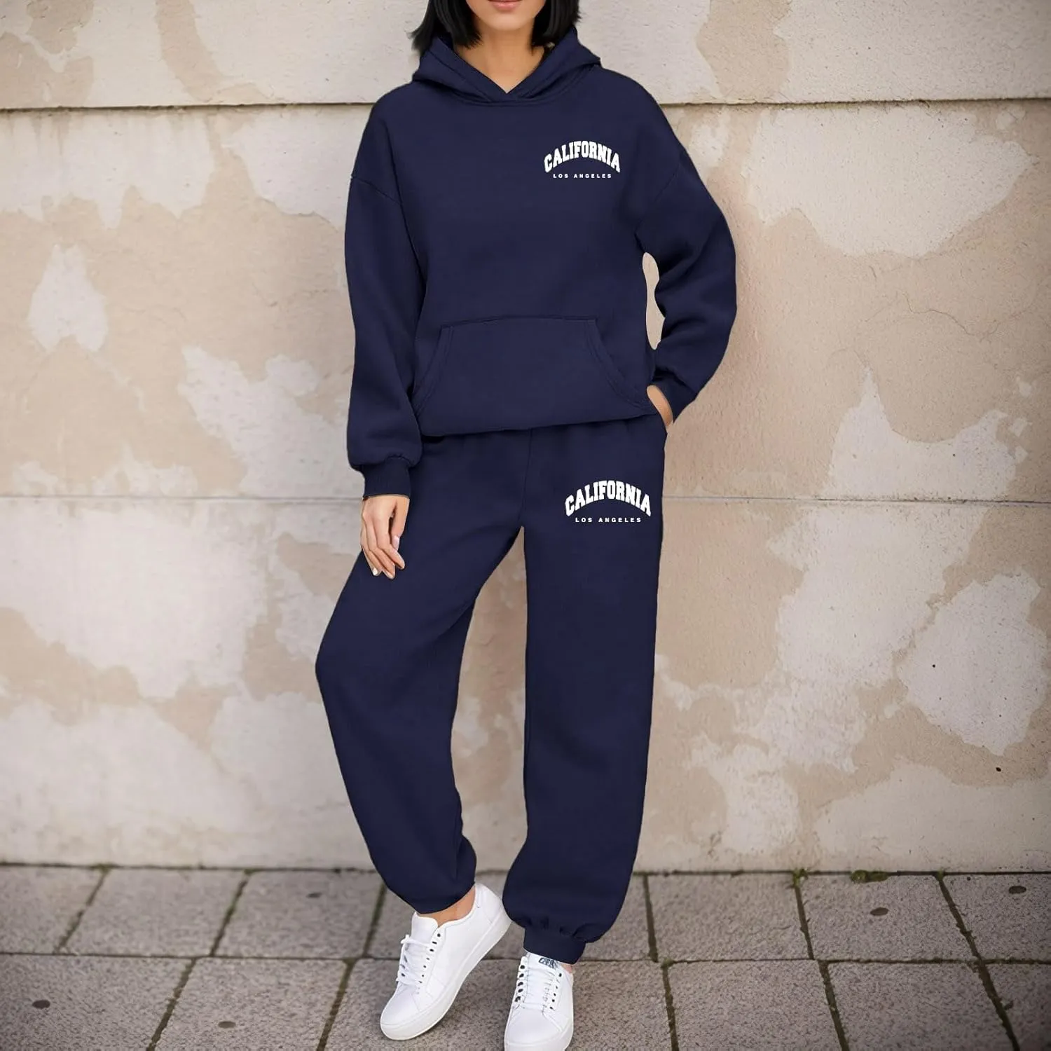 Los Angeles Print Sweatsuit Set for Women Simple Oversize Hoodies Sweatshirt & Jogger Sweatpants Cozy 2 Piece Outfits