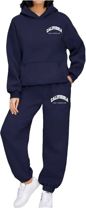 Los Angeles Print Sweatsuit Set for Women Simple Oversize Hoodies Sweatshirt & Jogger Sweatpants Cozy 2 Piece Outfits