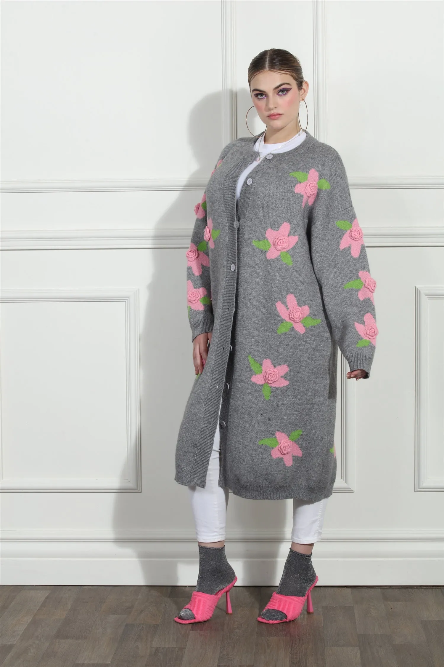Luxe Moda LM265 Rose Knit Button Coat