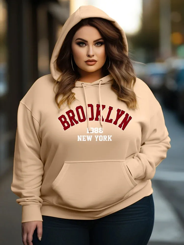 LW Plus Size Women Spring Wine Red Casual Two Pieces Set Hooded Collar Pattern Letter Print Kangaroo Pocket Design Tracksuit Set