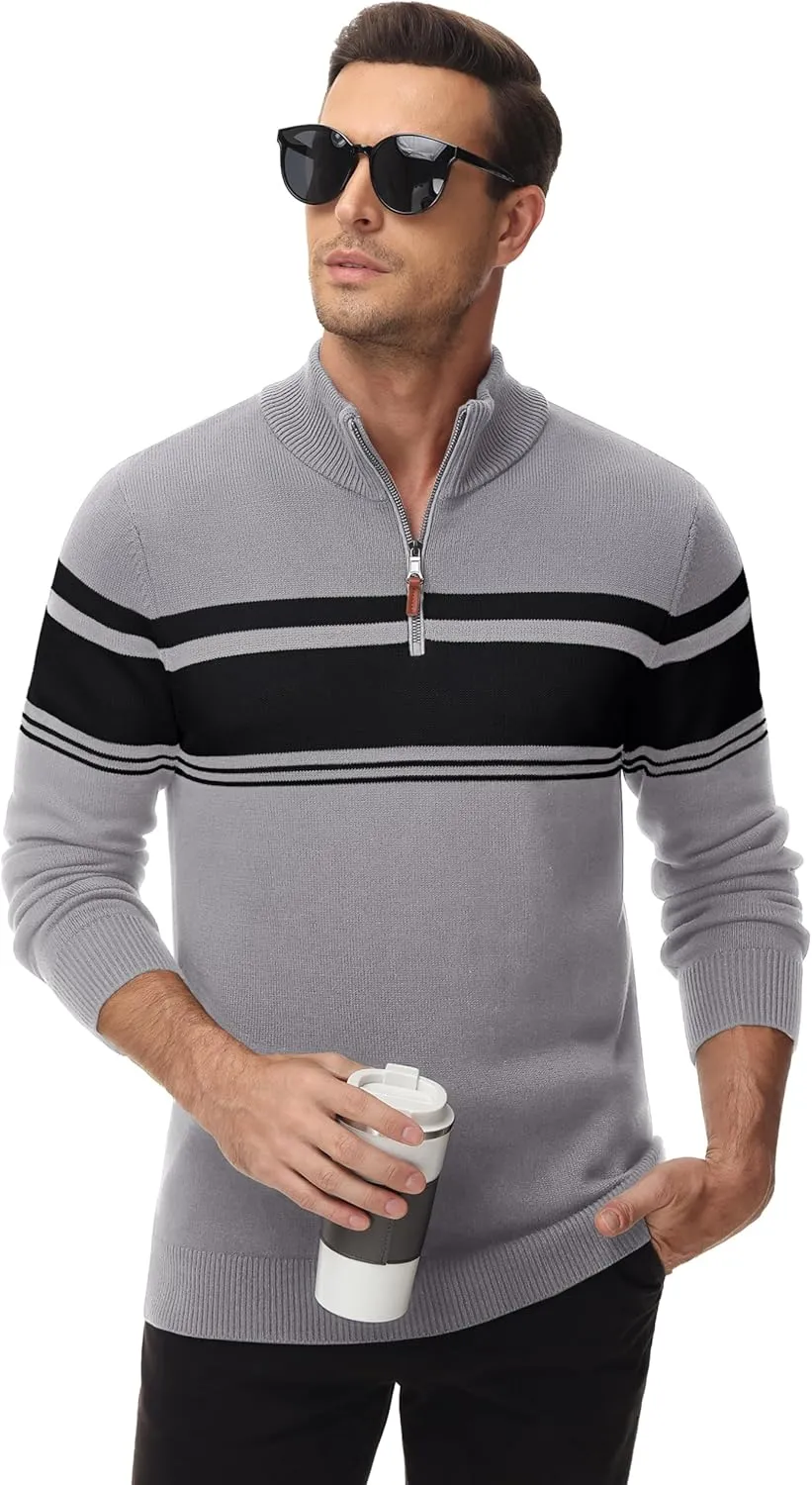 MAGCOMSEN Men's Sweaters 1/4 Zip Cotton Sweater Pullover Polo Sweaters Striped Fall Winter Warm Sweatshirts