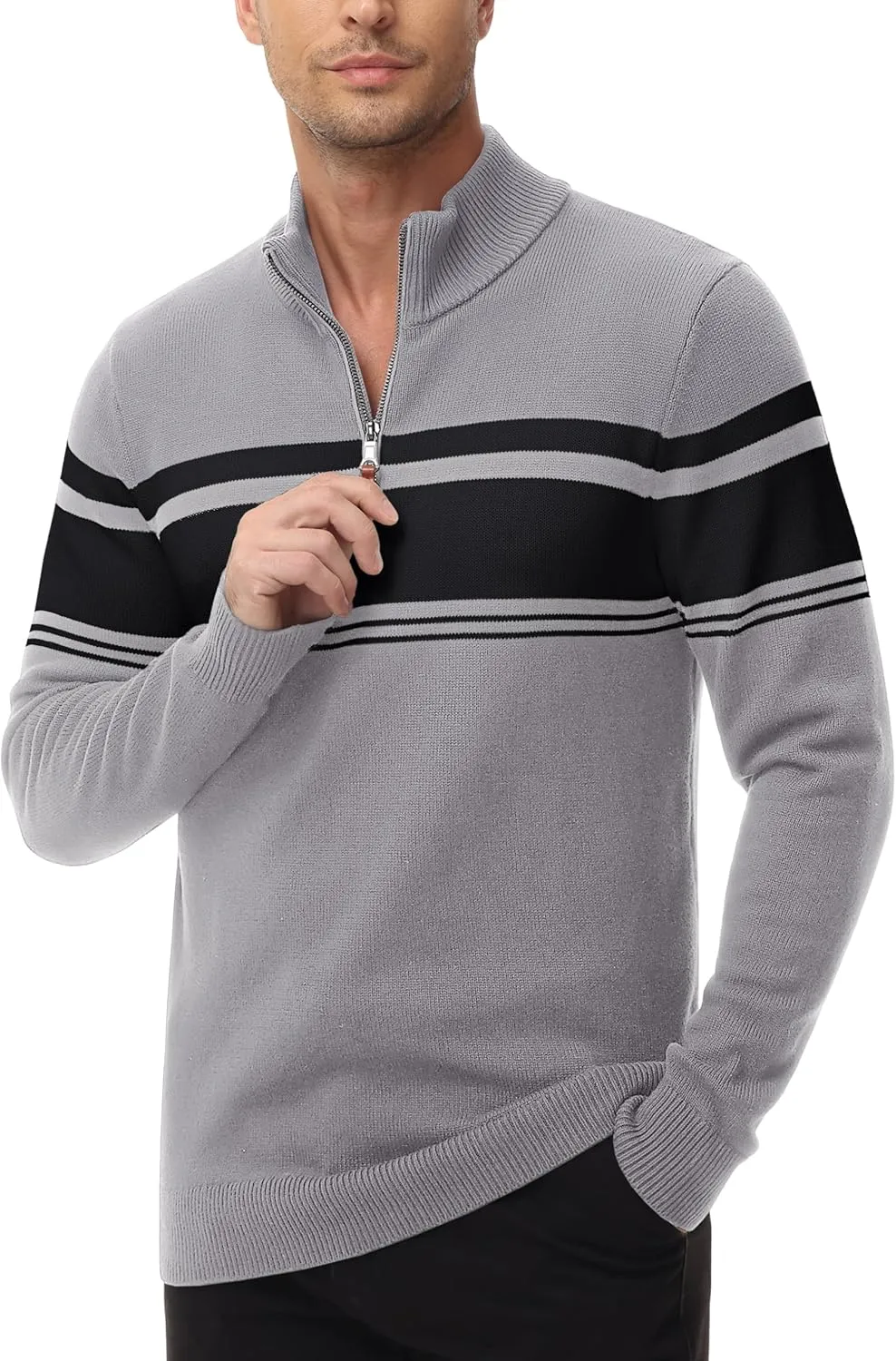 MAGCOMSEN Men's Sweaters 1/4 Zip Cotton Sweater Pullover Polo Sweaters Striped Fall Winter Warm Sweatshirts