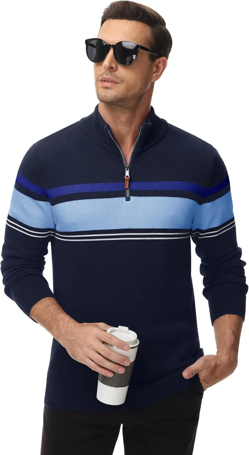 MAGCOMSEN Men's Sweaters 1/4 Zip Cotton Sweater Pullover Polo Sweaters Striped Fall Winter Warm Sweatshirts