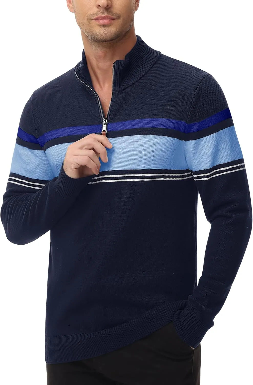 MAGCOMSEN Men's Sweaters 1/4 Zip Cotton Sweater Pullover Polo Sweaters Striped Fall Winter Warm Sweatshirts