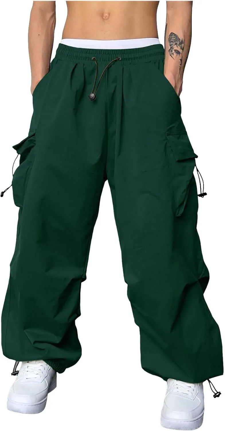 Men's Baggy Cargo Pants Trendy Casual Parachute Pants Drawstring Loose Fit Sweatpants Multi Pockets