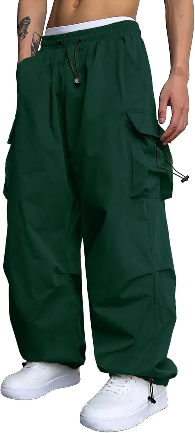 Men's Baggy Cargo Pants Trendy Casual Parachute Pants Drawstring Loose Fit Sweatpants Multi Pockets