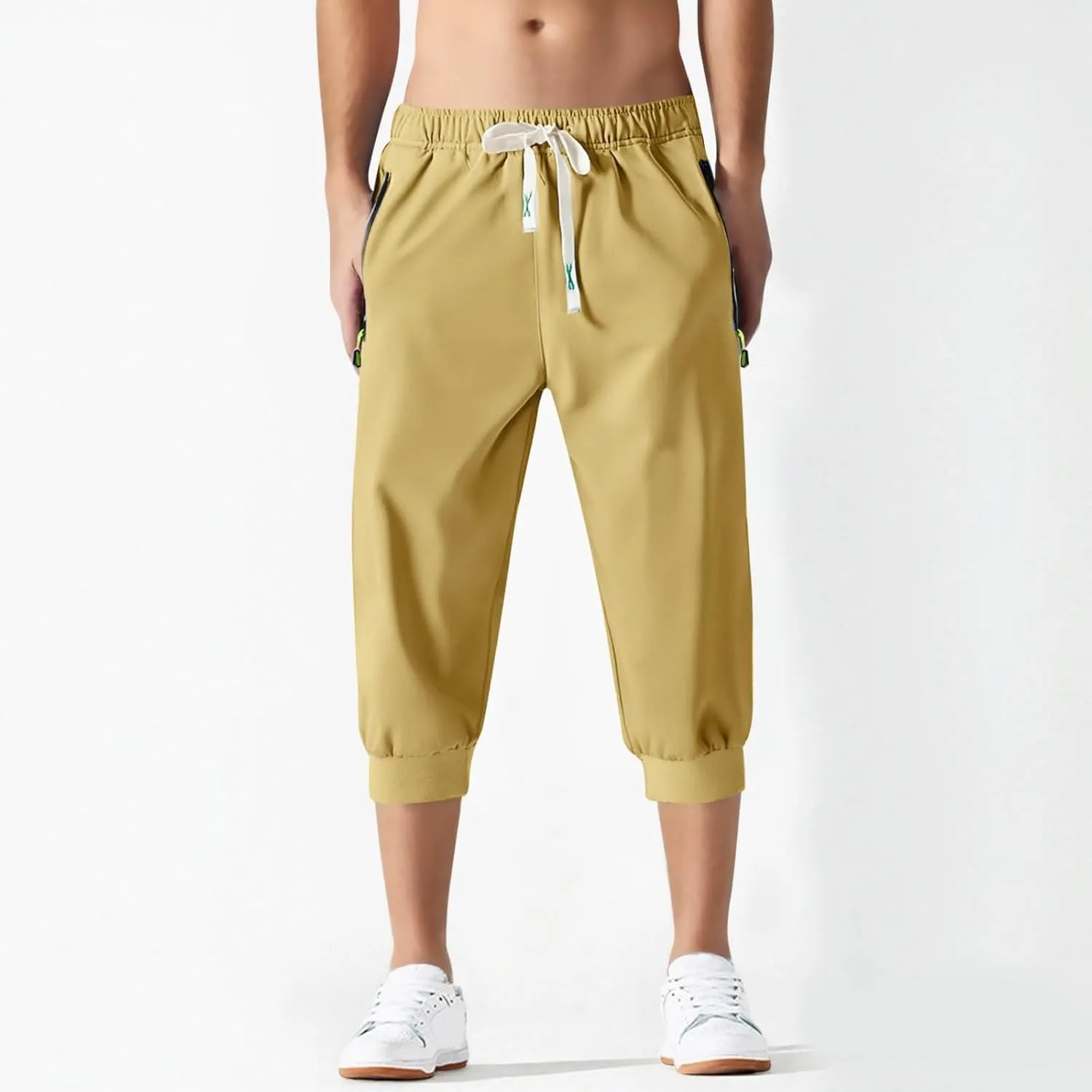 Mens Causal Shorts Slim Fit Elastic Waist Stretch Summer Athletic Shorts Lightweight Drawstring Athletic Hiking Capri Pants