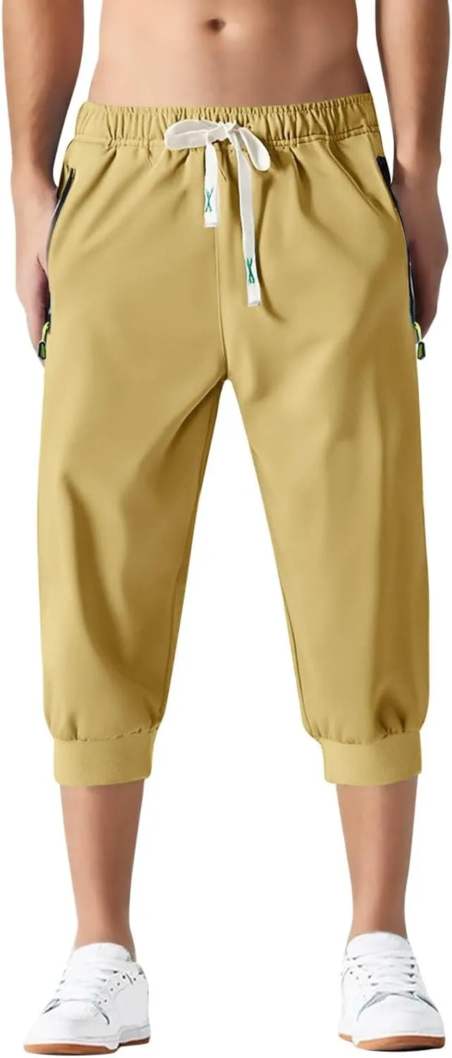 Mens Causal Shorts Slim Fit Elastic Waist Stretch Summer Athletic Shorts Lightweight Drawstring Athletic Hiking Capri Pants