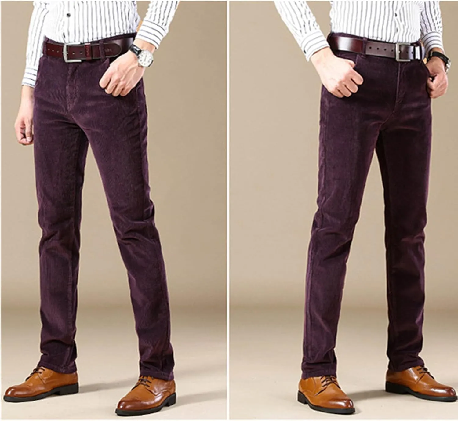 Men's Corduroy Straight Pant,Classic Slim Fit Business Suit Trousers,Flat-Front Casual Stretch Pants with Pockets