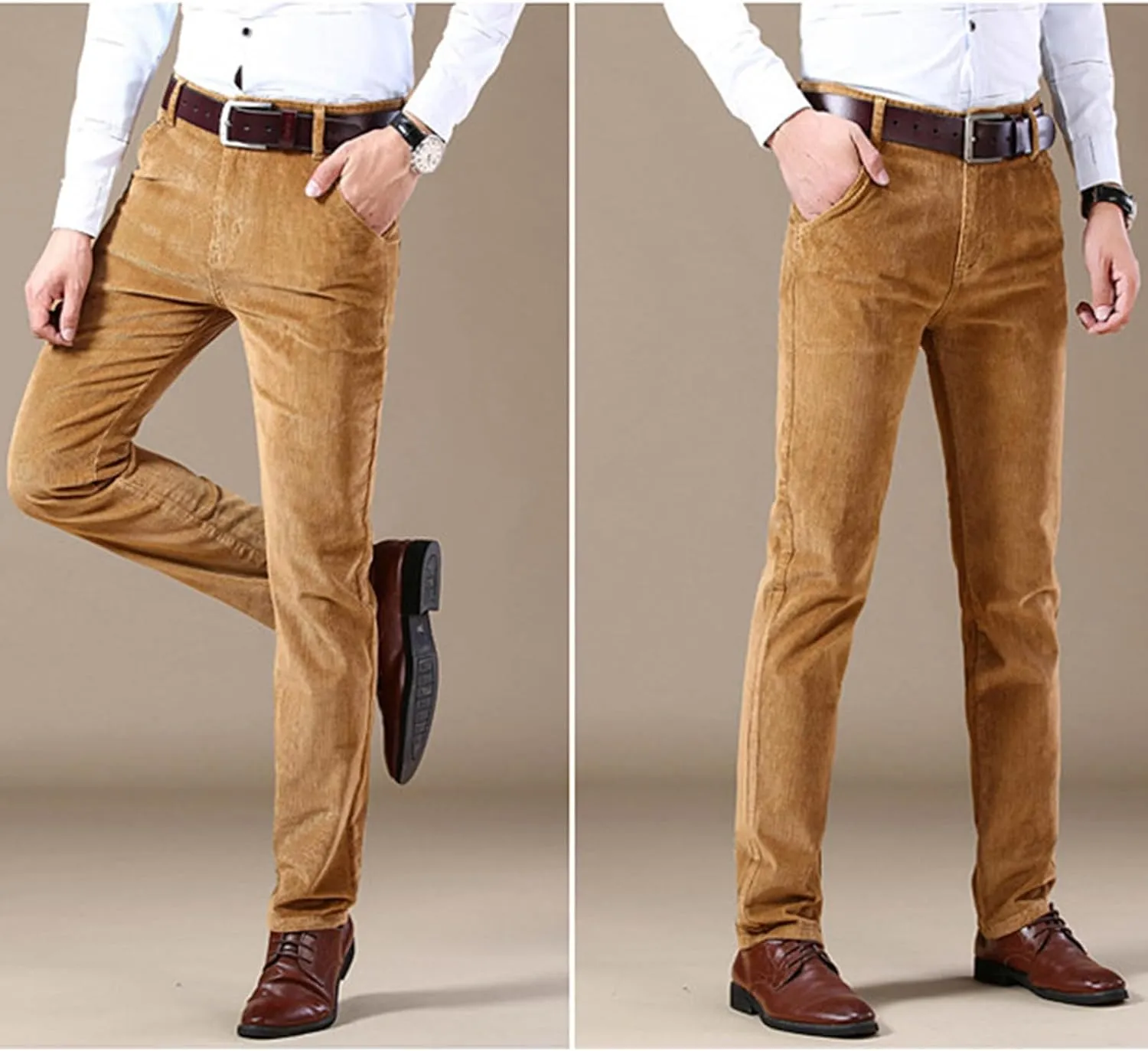 Men's Corduroy Straight Pant,Classic Slim Fit Business Suit Trousers,Flat-Front Casual Stretch Pants with Pockets