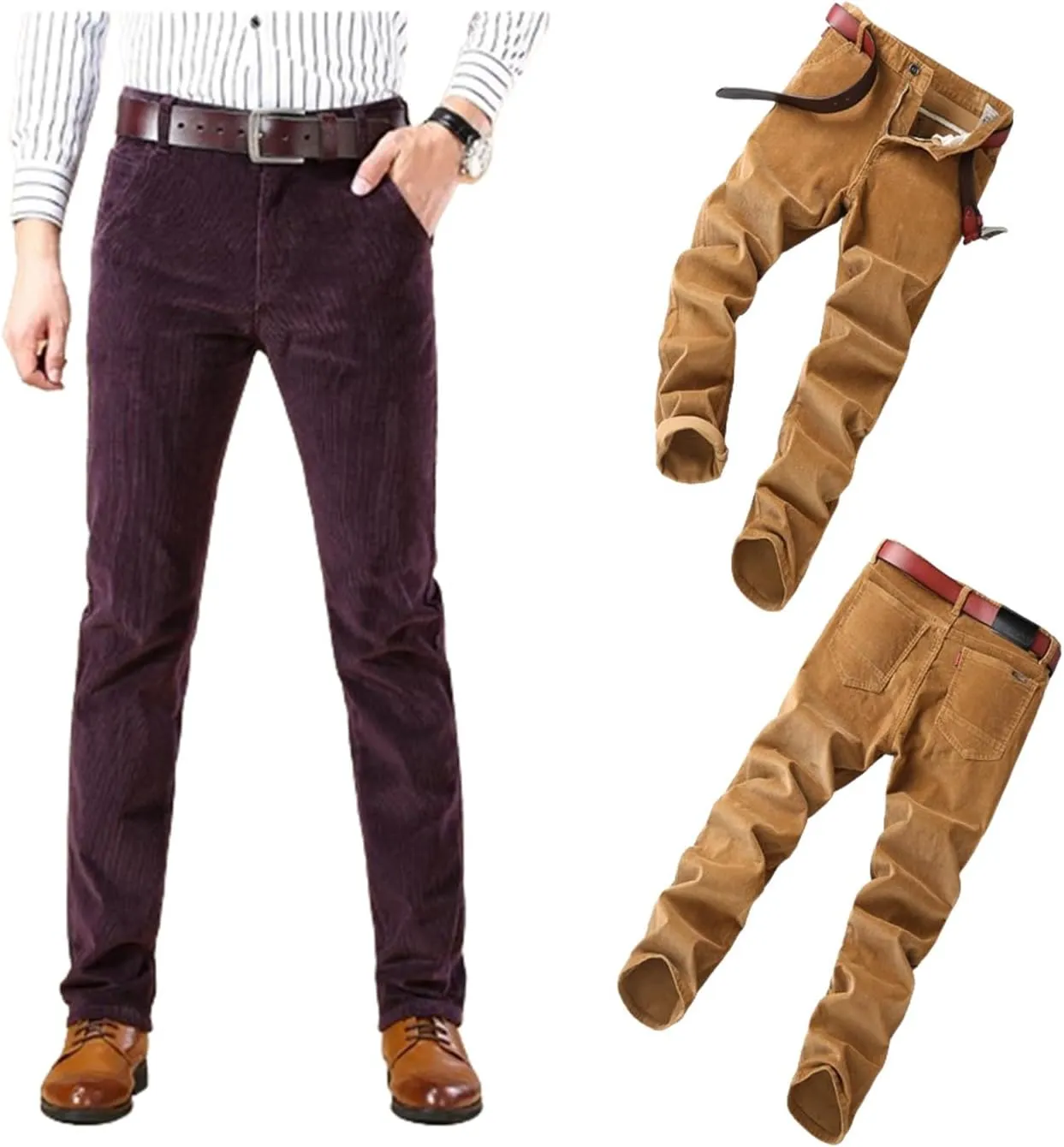 Men's Corduroy Straight Pant,Classic Slim Fit Business Suit Trousers,Flat-Front Casual Stretch Pants with Pockets
