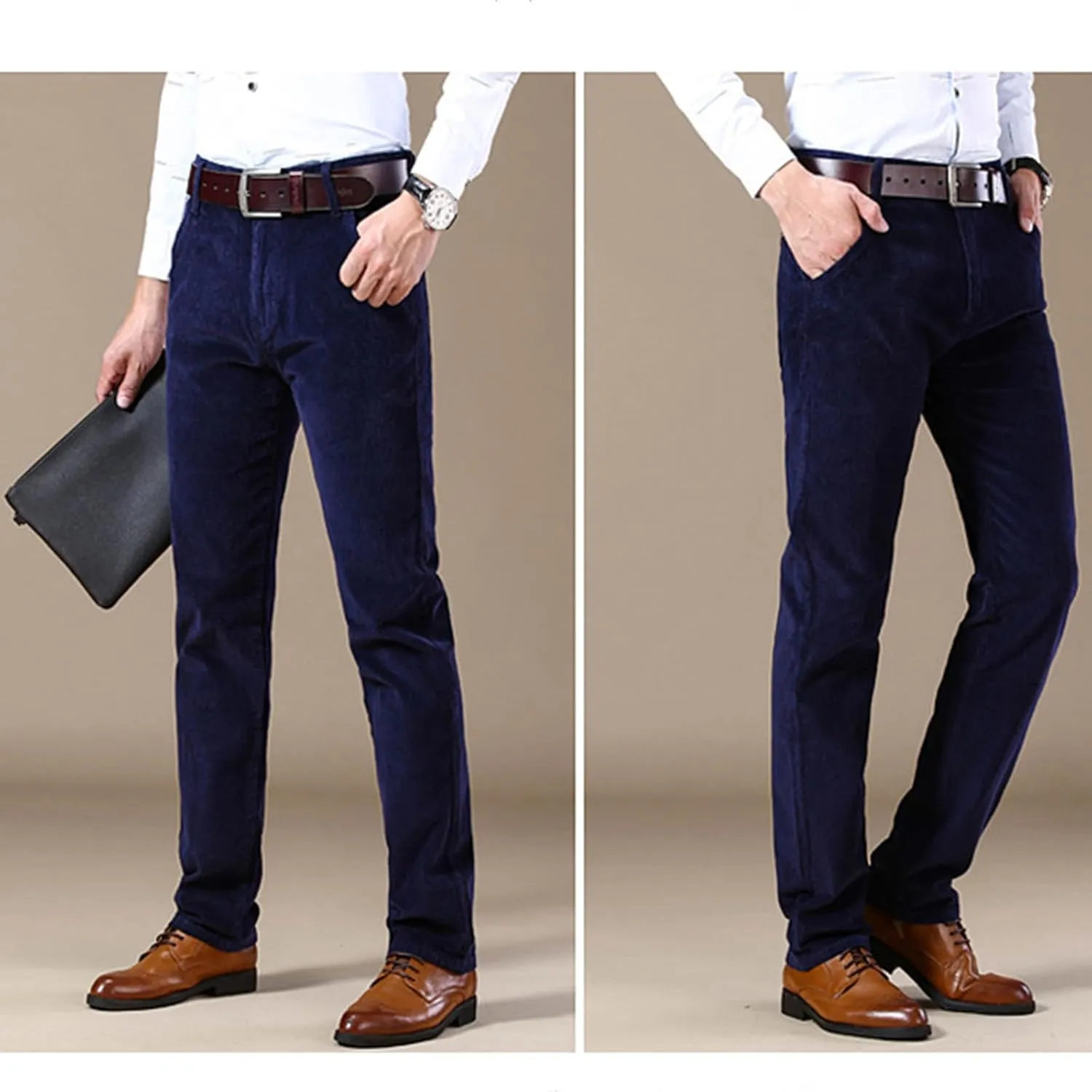 Men's Corduroy Straight Pant,Classic Slim Fit Business Suit Trousers,Flat-Front Casual Stretch Pants with Pockets