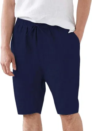 Mens Cotton and Linen Shorts Elastic Drawstring Solid Color Plus Size Casual Loose Pants Lightweight Breathable Beach Capris
