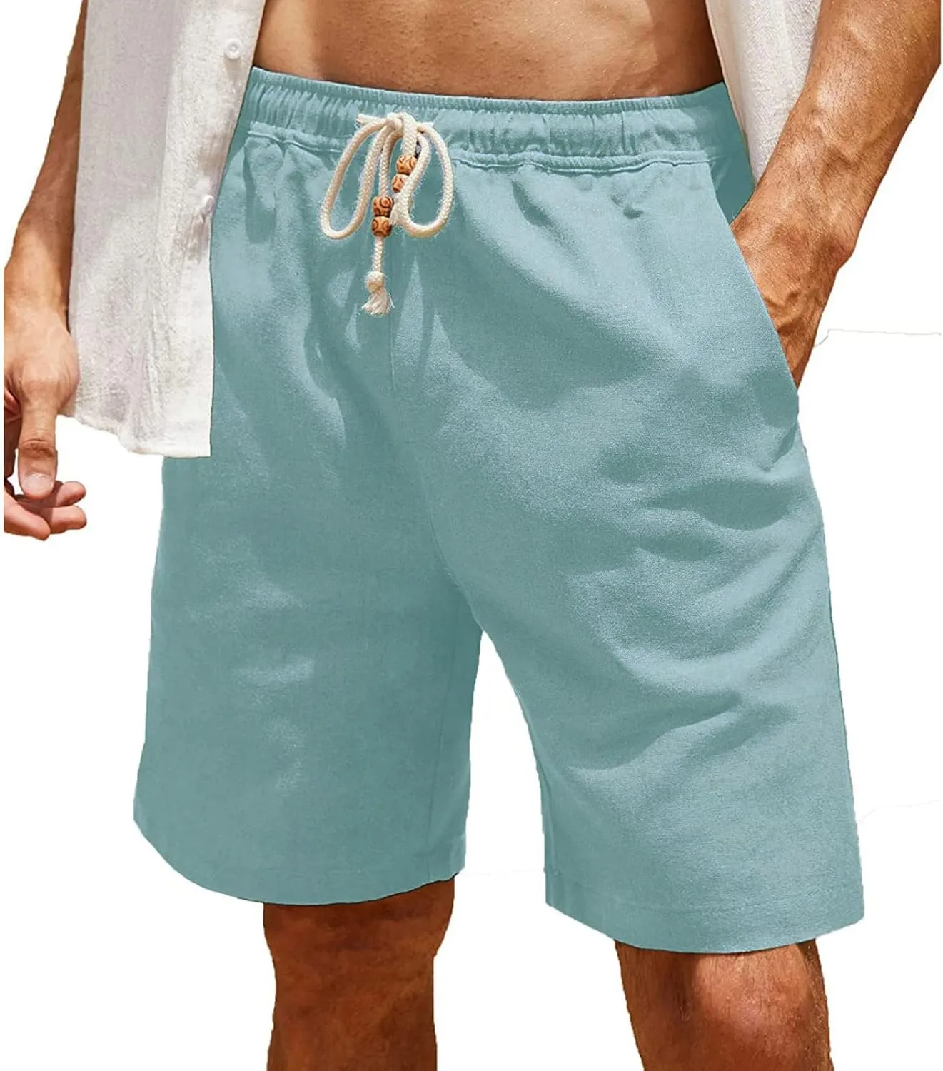 Men's Cotton Linen Shorts Elastic Waist Drawstring Pant Plain Slim Fit Beach Shorts Summer Lightweight Vacation Pants