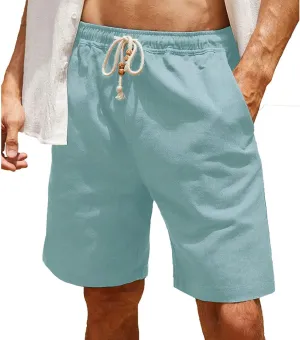Men's Cotton Linen Shorts Elastic Waist Drawstring Pant Plain Slim Fit Beach Shorts Summer Lightweight Vacation Pants