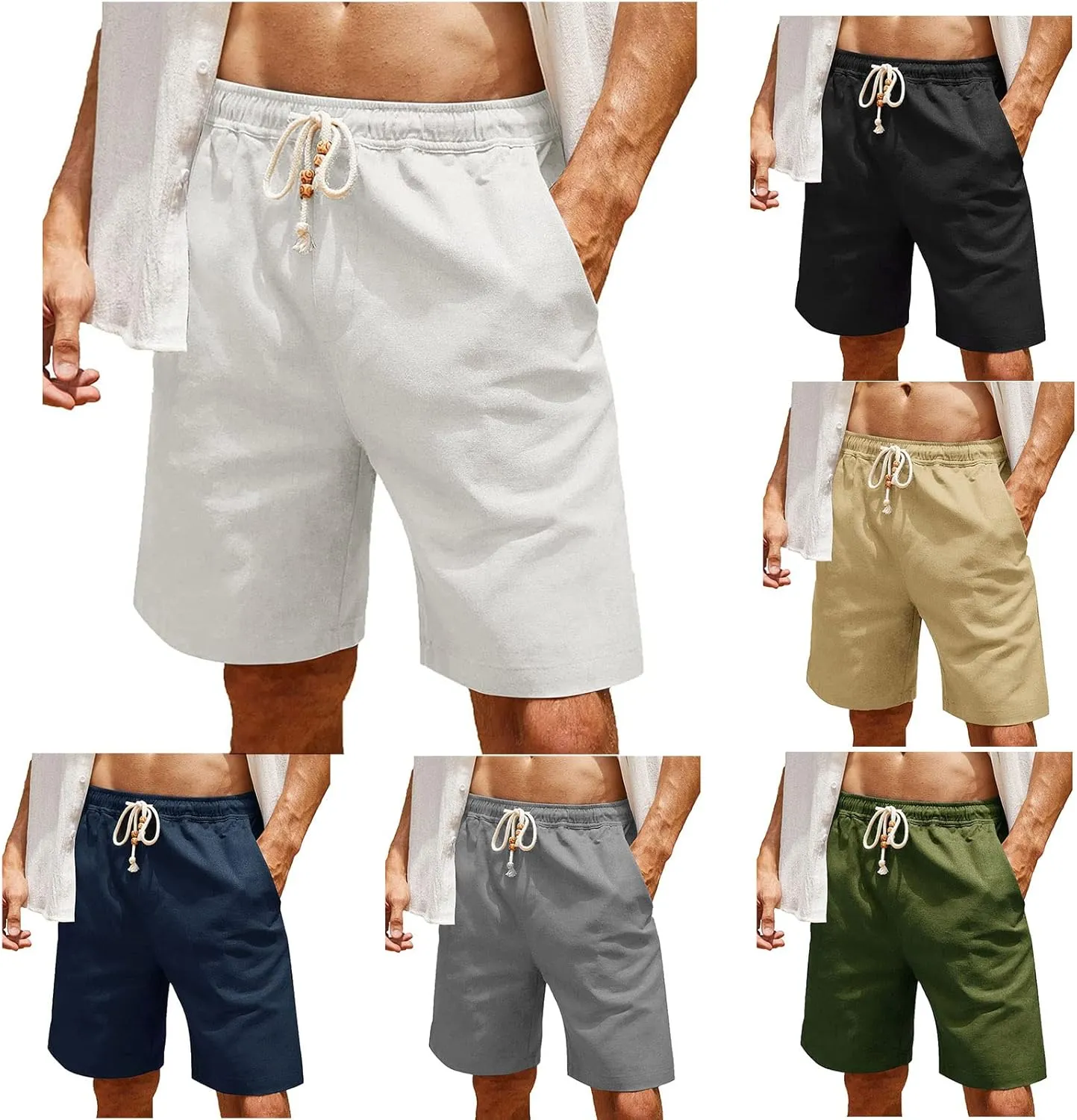Men's Cotton Linen Shorts Elastic Waist Drawstring Pant Plain Slim Fit Beach Shorts Summer Lightweight Vacation Pants