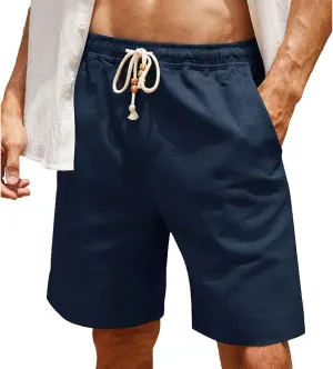Men's Cotton Linen Shorts Elastic Waist Drawstring Pant Plain Slim Fit Beach Shorts Summer Lightweight Vacation Pants