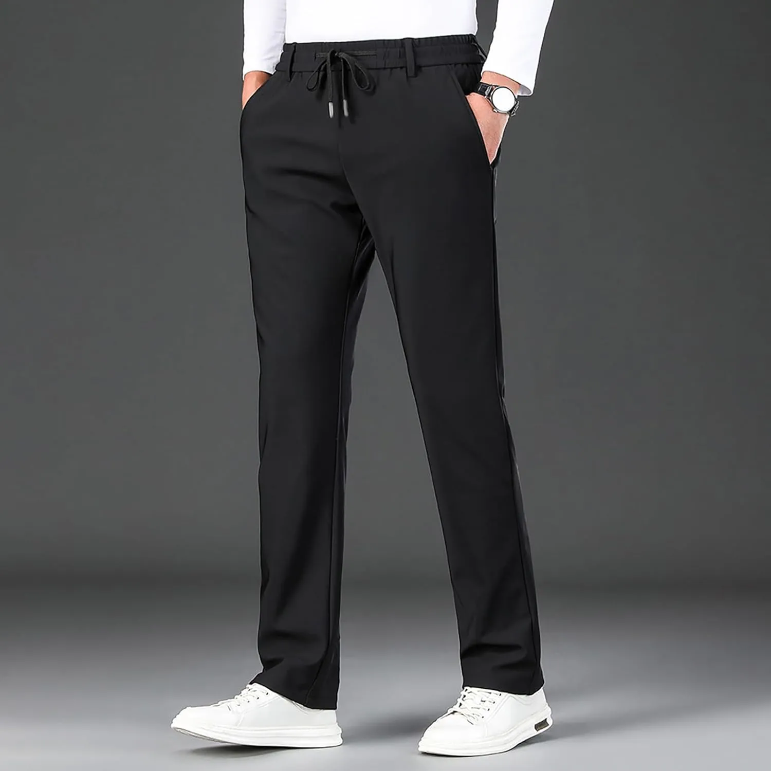 Men's Cozy Relaxed Fit Sweatpant Baggy Stylish Drawstring Elastic Waist Chino Pant Hiking Work Straight Fit Trousers