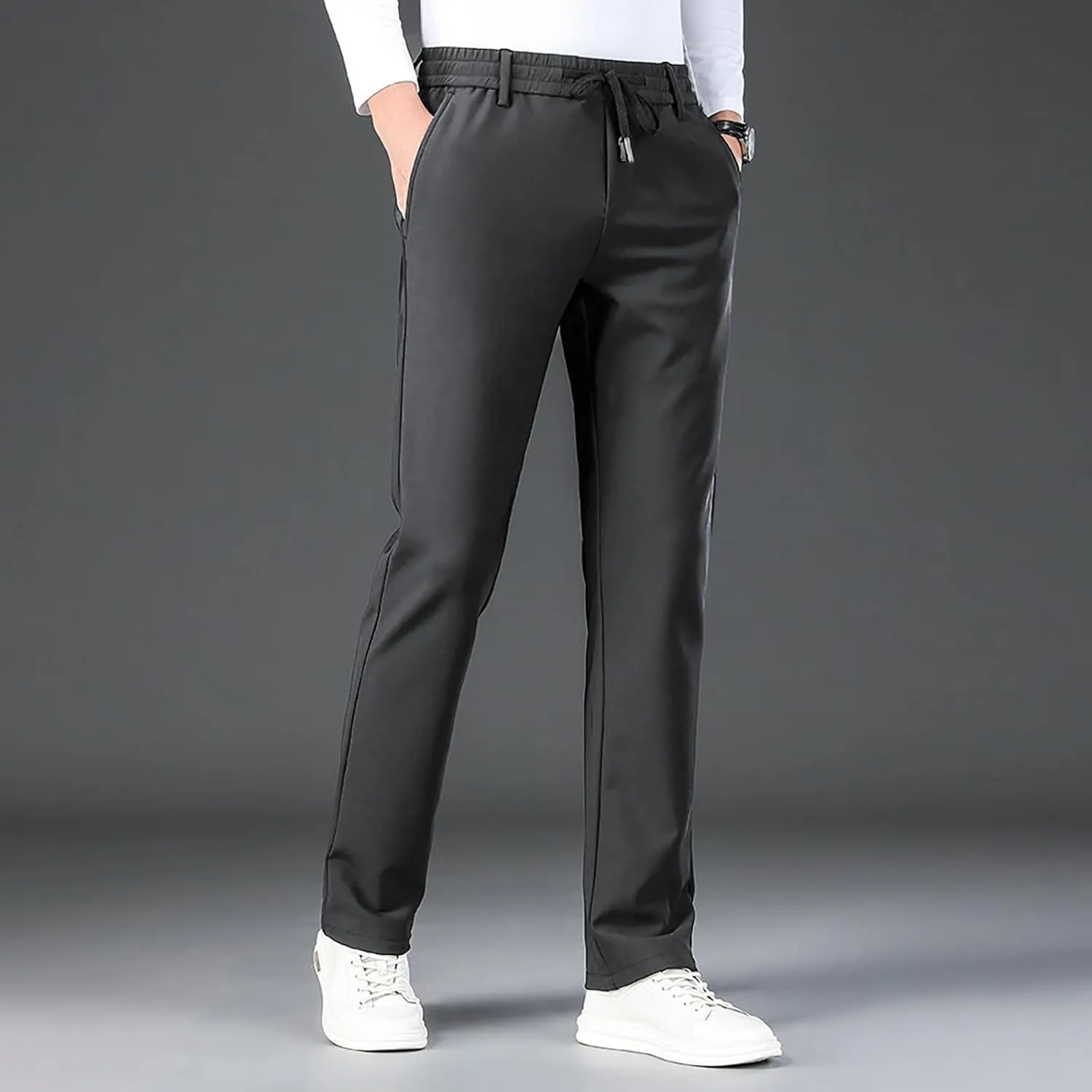 Men's Cozy Relaxed Fit Sweatpant Baggy Stylish Drawstring Elastic Waist Chino Pant Hiking Work Straight Fit Trousers