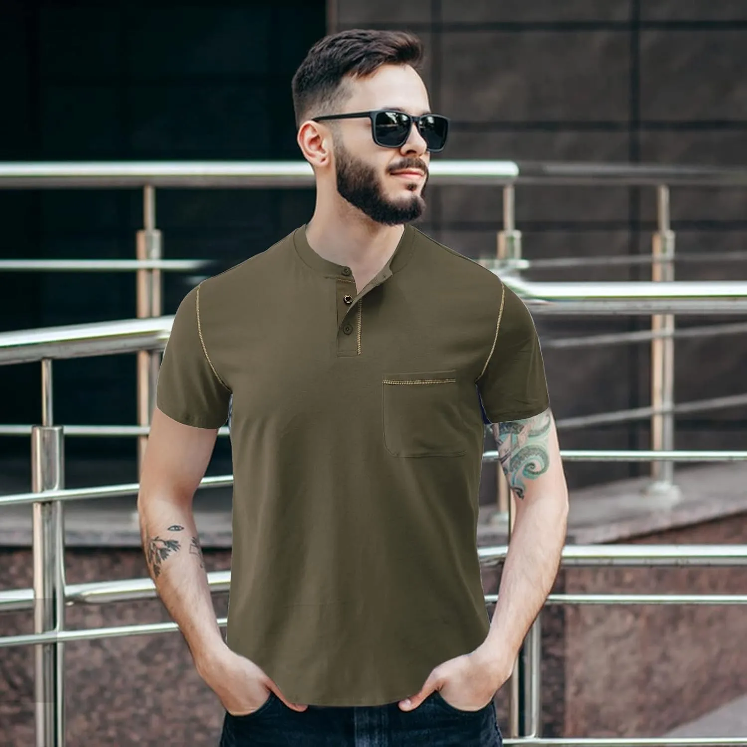 Mens Henley Shirts Short Sleeve Summer Tops, Men's Casual Classic Tees Cotton T Shirt with Front Pocket for Men