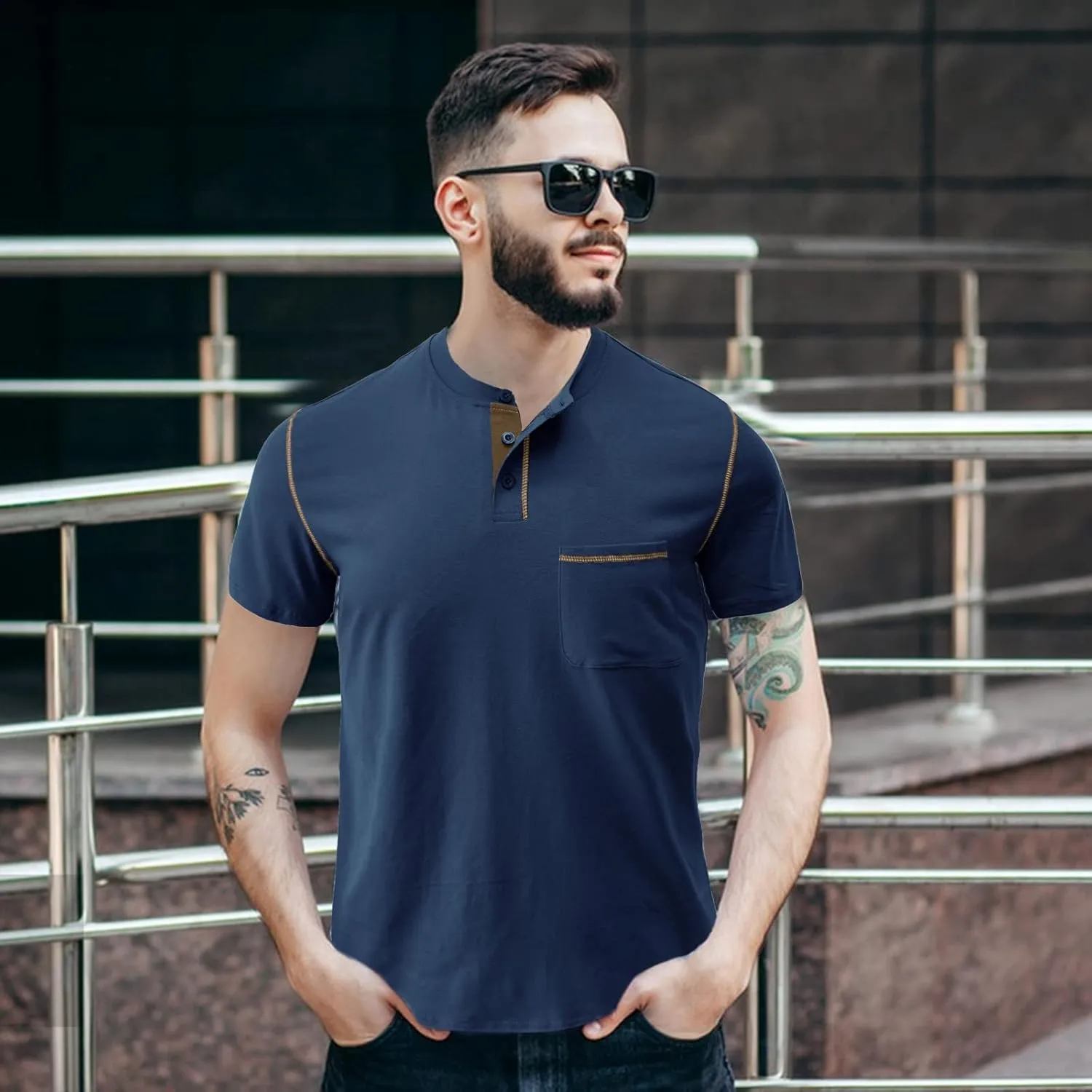 Mens Henley Shirts Short Sleeve Summer Tops, Men's Casual Classic Tees Cotton T Shirt with Front Pocket for Men