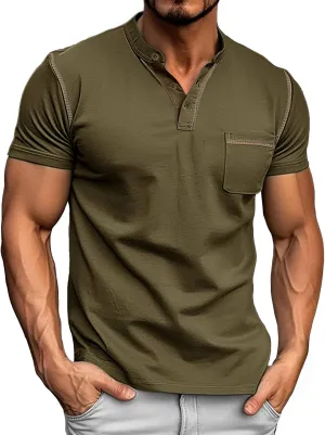 Mens Henley Shirts Short Sleeve Summer Tops, Men's Casual Classic Tees Cotton T Shirt with Front Pocket for Men